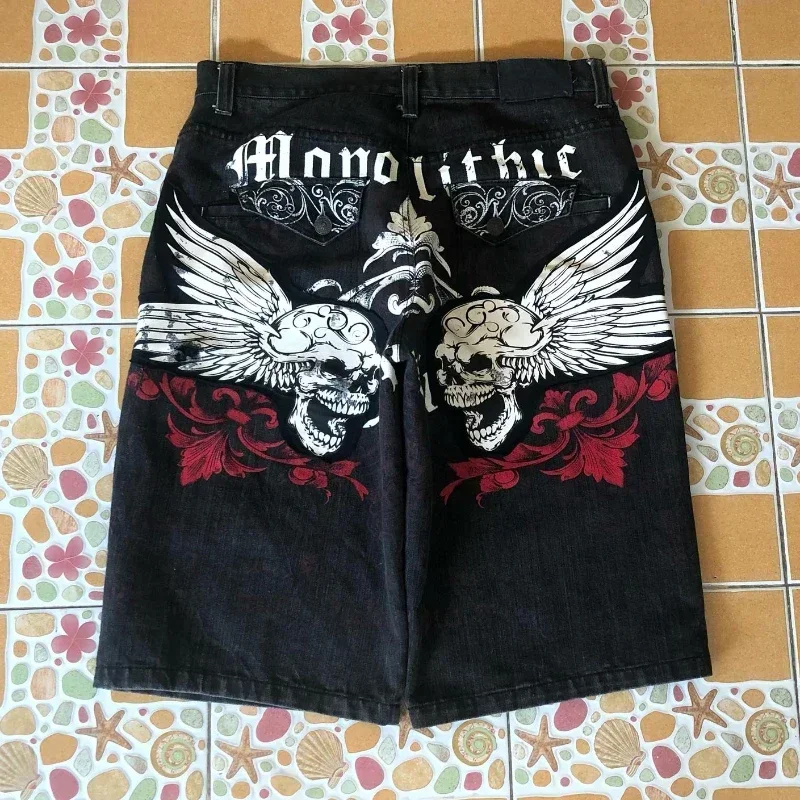 American Summer Denim Shorts High Street Hip-hop Y2K Retro Dark Personality Trend Pattern Print Casual Loose Denim Shorts