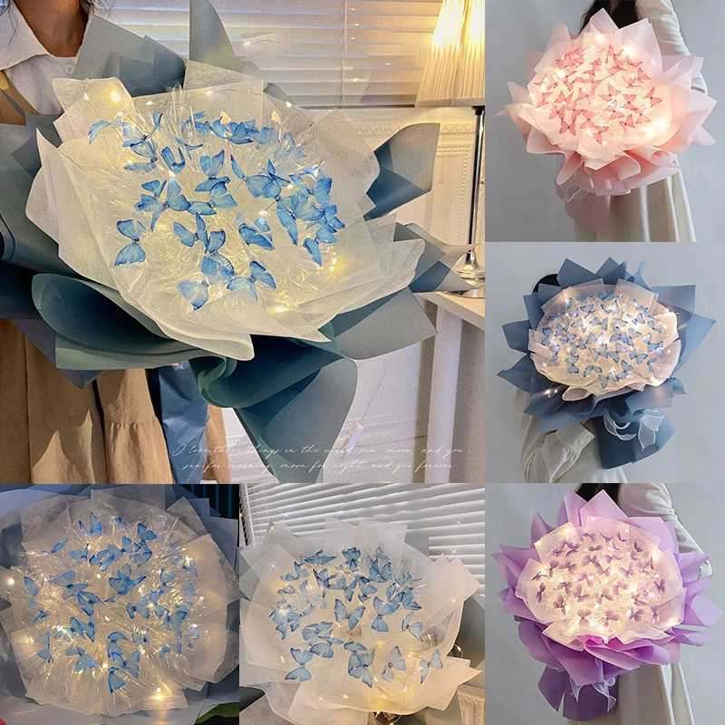 The Creative Handmade Butterfly Bouquet Material Bag offers a DIY experience featuring five enchanting arrangements complete with small lights and delicate butterfly decorations in shades of blue, pink, and purple. Enveloped in layers of translucent fabric, these artificial flowers make an ethereal addition to any home decor. Perfect for romantic occasions, this set is ideal for crafting unique bridal or Valentine's Day gifts.