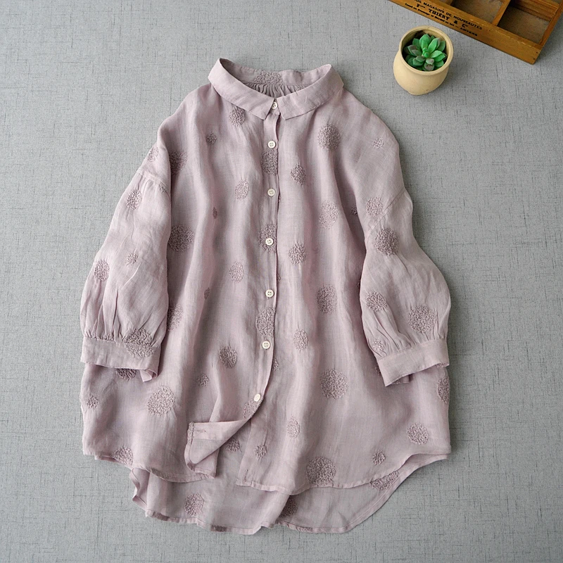 

Летние женские универсальные короткие ультрасвободные блузки с цветочной вышивкой, удобные тонкие блузки из натуральной ткани, потертые водой