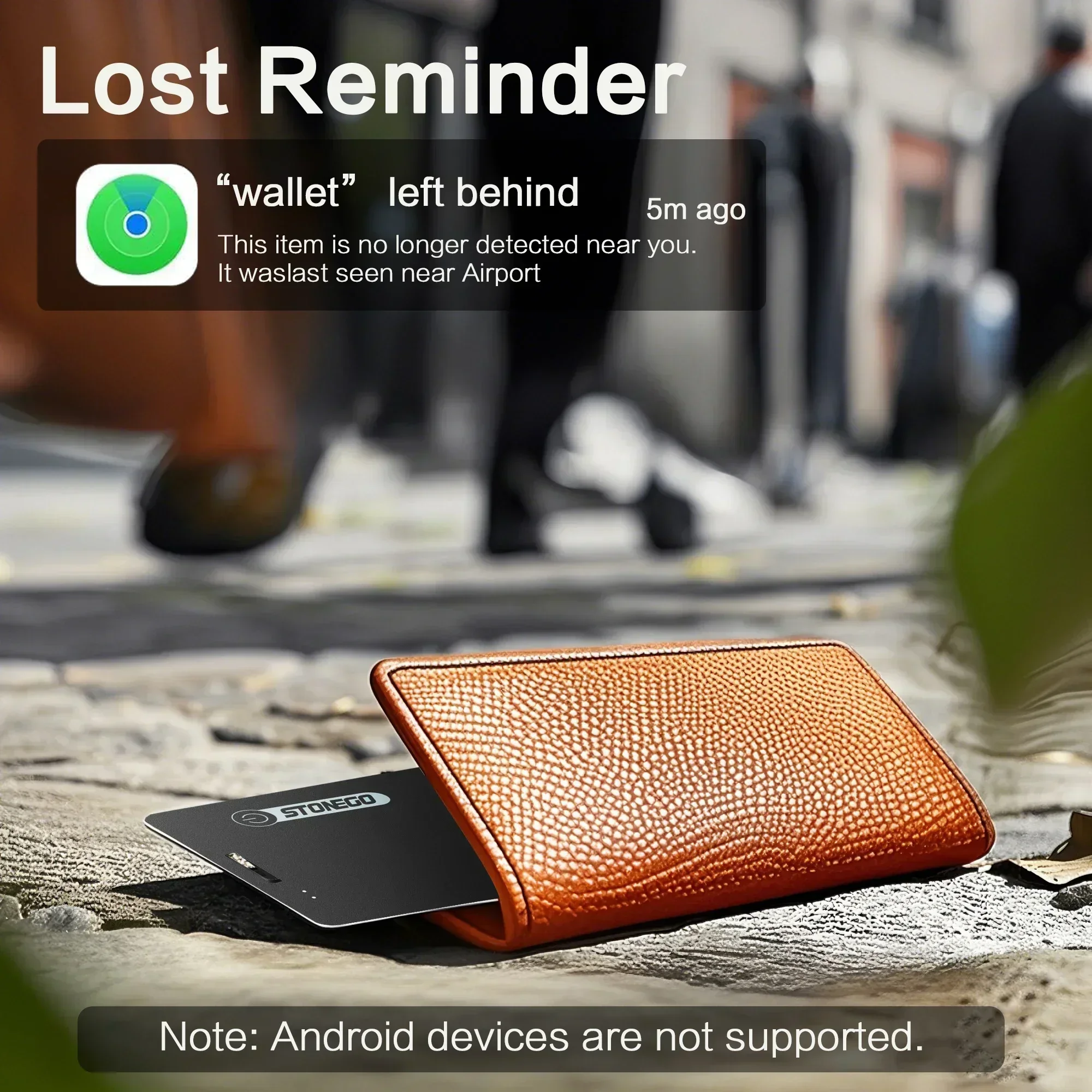 STONEGO Rechargeable Slim Wallet Tracker Pet and Key Locator-IP68 Waterproof Compatible with Apple Find My App (iOS Only)