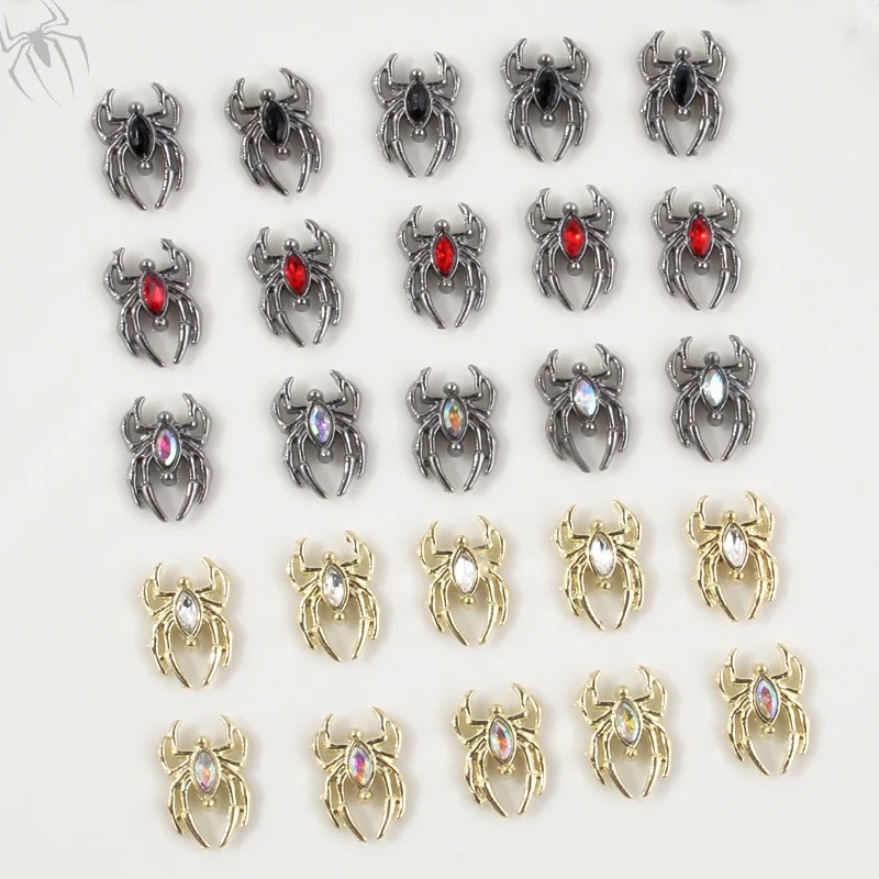 10PCS 럭셔리 합금 3D 스파이더 네일 아트 매력 라인 석 쥬얼리 액세서리 부품 할로윈 네일 장식 매니큐어 용품