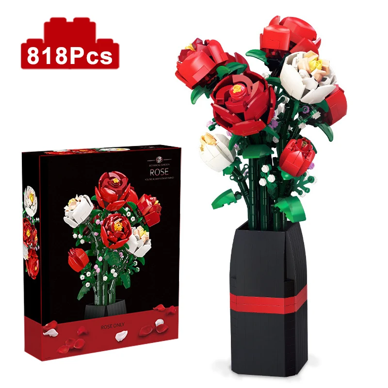 Creative Moc Red Rose Vase Plants Model Building Blocks Romantic Classic Flowers Bouquet Potted Bricks Toys Valentine's Day Gift