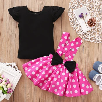 1-3Y Toddler Baby Girls Cute Dress Set Kid Costumes Short Sleeve Black T-shirt + Polka Dot Suspender Skirt Holiday Party Outfit 1