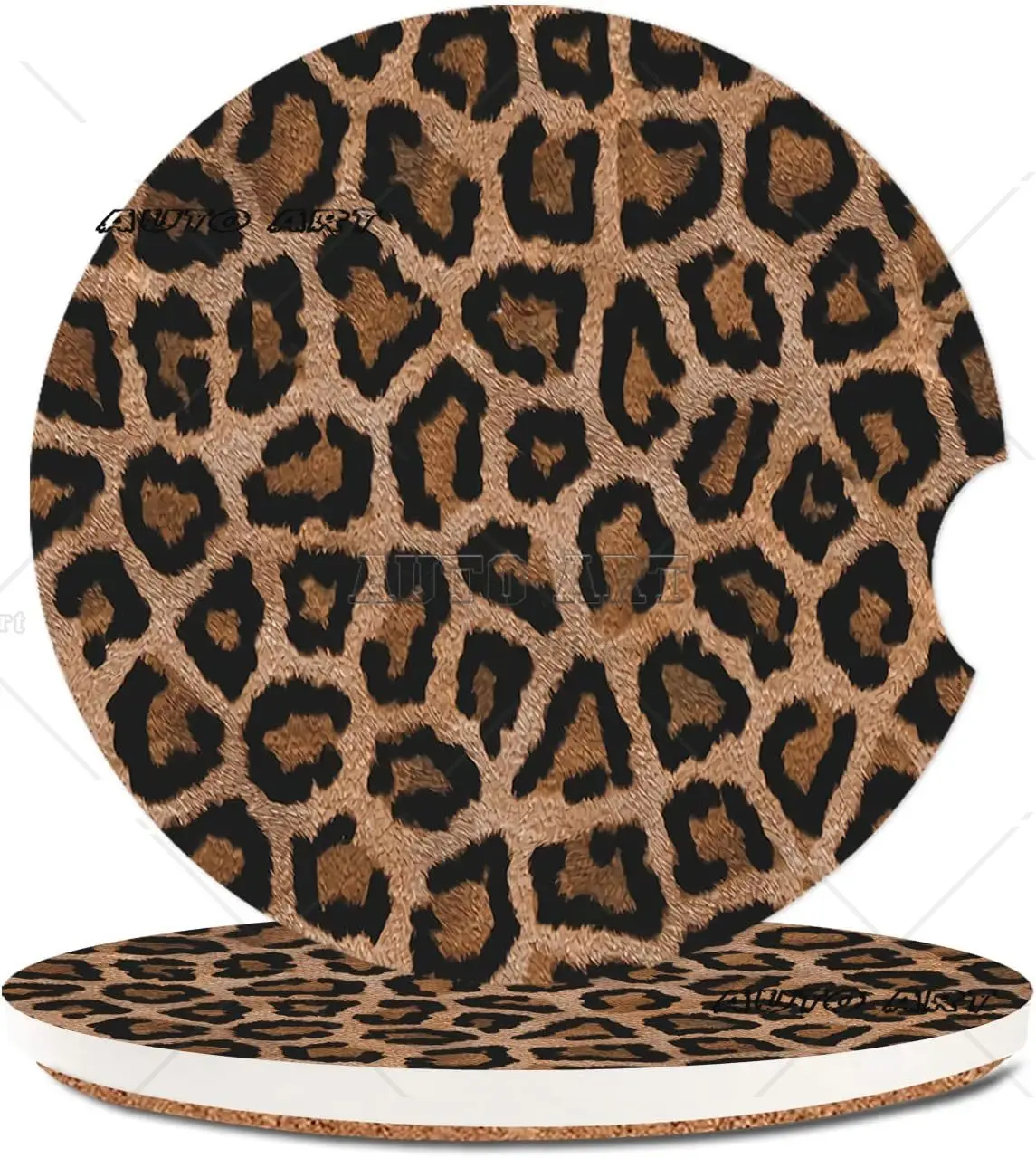 Car Cupholder Coaster 2 Pack,Ceramic Stone Coaster with a Finger Notch Cute Auto Accessories Gifts Retro Luxury Leopard