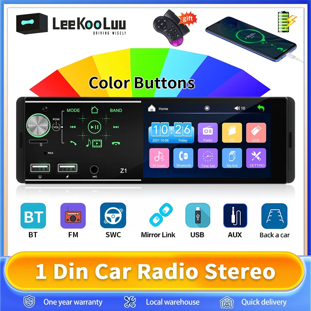 Leekooluu 1 Din Car Radio 4.1" Universal 1Din MP5 Video Multimedia Player Bluetooth Mirror-Link FM USB/TF Steer Wheel Control