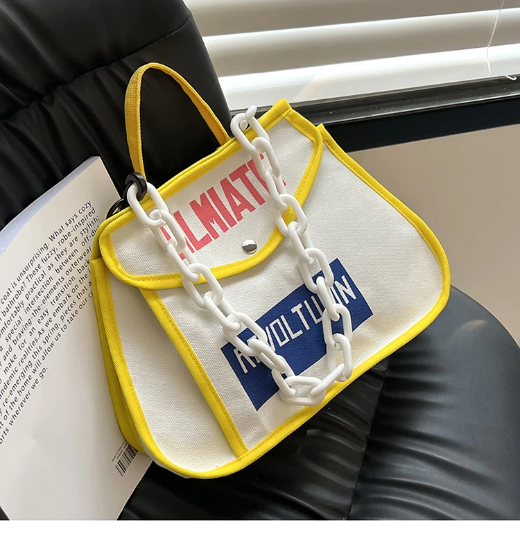Canvas Women's Shoulder Bag Chain Casual Totes Contrast Color Ladies Crossbody Bag Trend Letter Print Fashion Designer Handbags