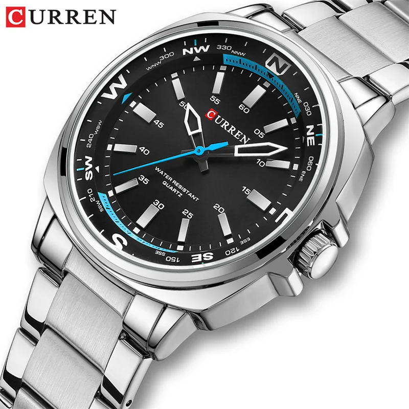 時計 S CURREN 8455 Men's Fashion Silver Quartz Watch Leisure