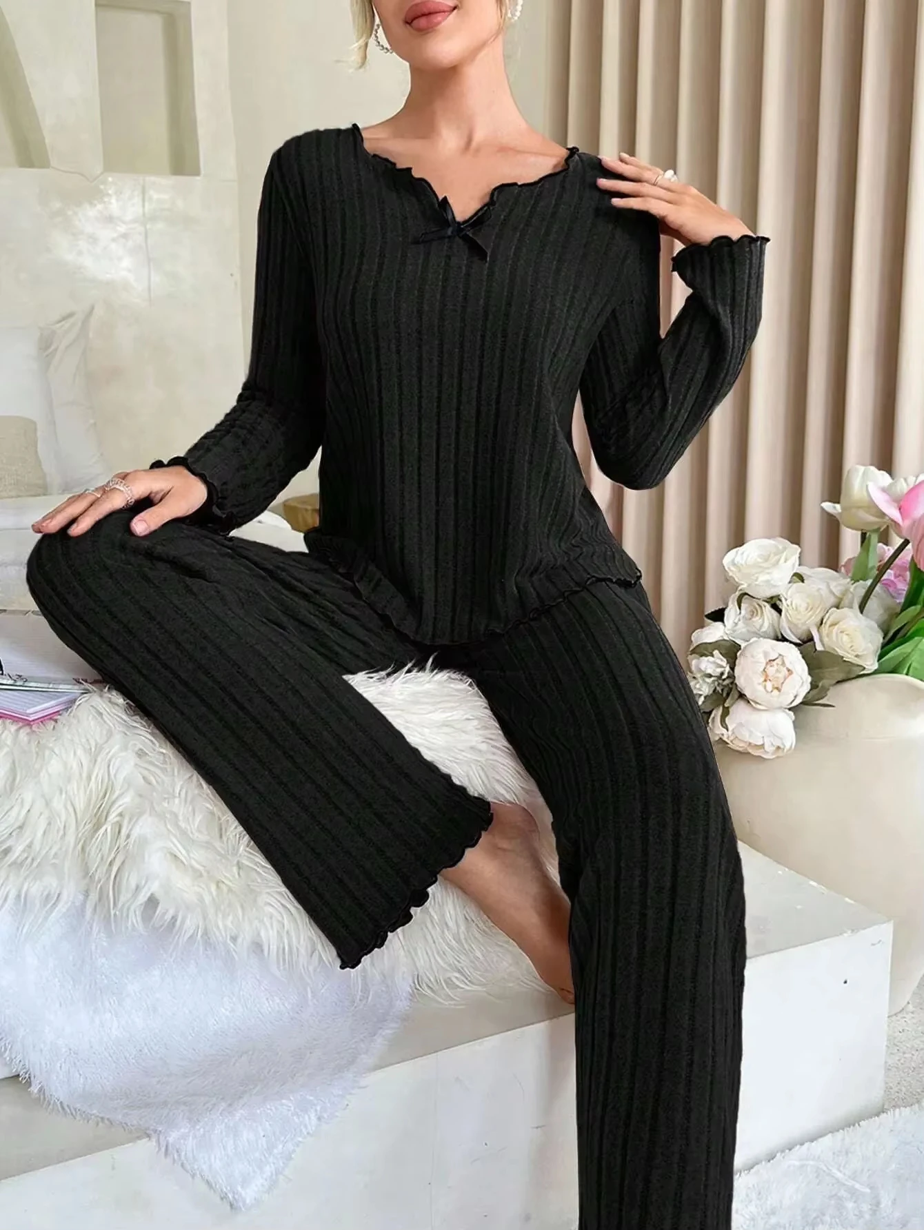 Women Autumn Winter New Sleepwear Y2K Ribbed Pajamas Set Long Sleeve Top and Long Pants 2 Piece Set Casual Homewear Loungewear