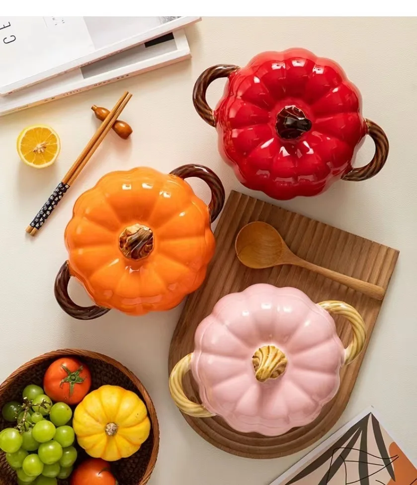 Description Picture 4 of itemPumpkin soup bowl with lid and double handles large ceramic household soup large soup bowl anti-scal