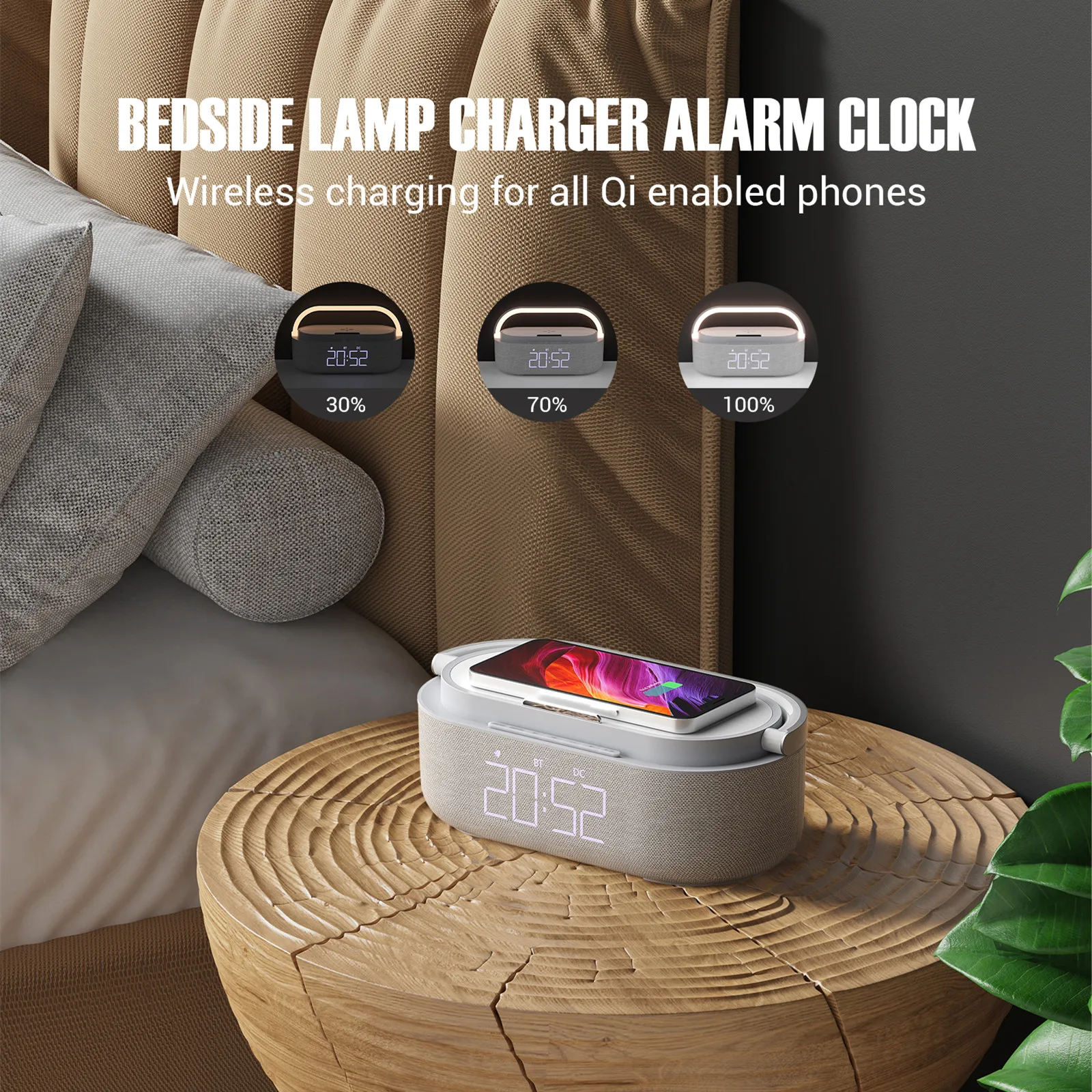 Bluetooth Speaker Digital Alarm Clock with Wireless Charger FM Clock Radio Night Light Dual Wireless Speakers