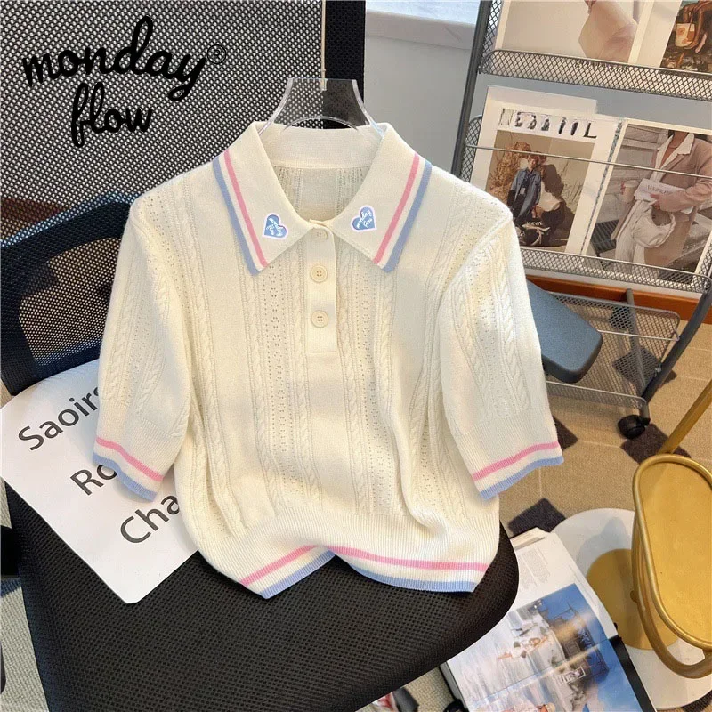 Monday Flow 여성용 골프 폴로 넥 하프 단추 니트 셔츠, 속건성 반팔 티셔츠, 스포츠 캐주얼 상의, 용수철 여름