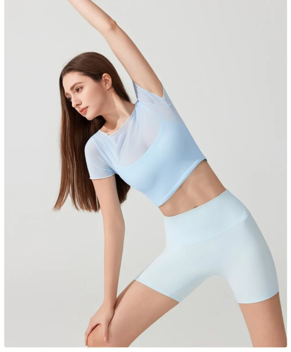 2-in-1 zweiteiliges Kurzarm-Trainingsoberteil, integrierter BH, Laufen, Yoga, Pilates, Fitness, T-Shirt, sportliche Activewear, Sport-BH für Damen – Detail 7