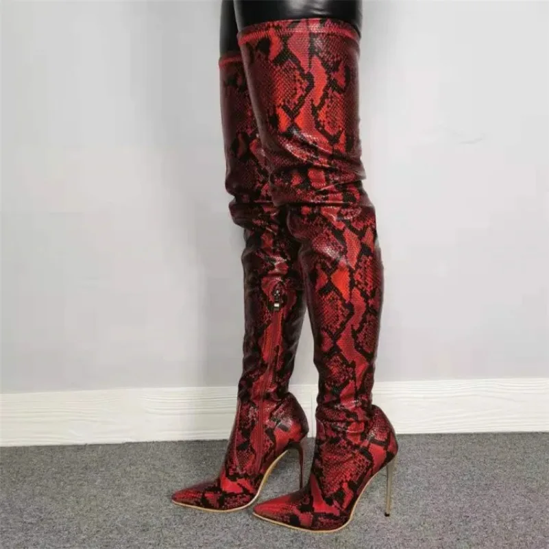 

Женские ботинки со змеиным принтом, красные ботинки на высоком каблуке-шпильке с острым носком, модель 5-15 большого размера США, 2024