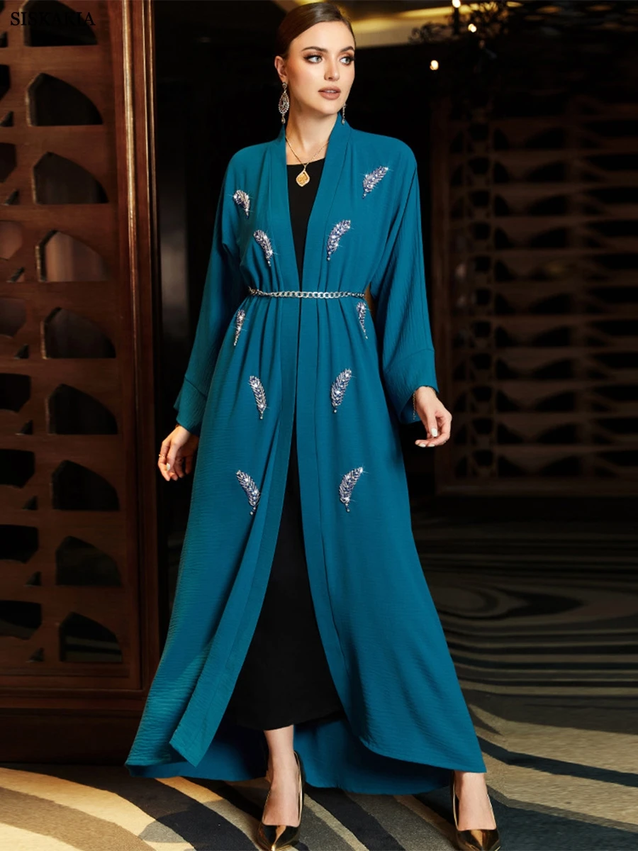 

Siskakia Hand Sew Feather Rhinestone Kimono Abaya for Women Corban Eid Al Adha 2023 New Arab Moroccan Dubai Belted Cardigan Robe