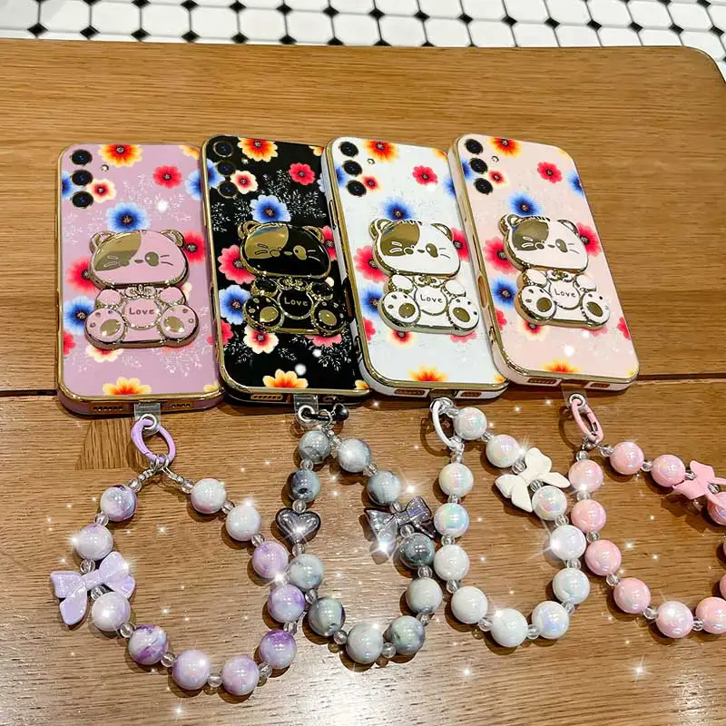 Vibrant Floral Phone Accessory Set: Case, Lanyard & Rabbit Stand