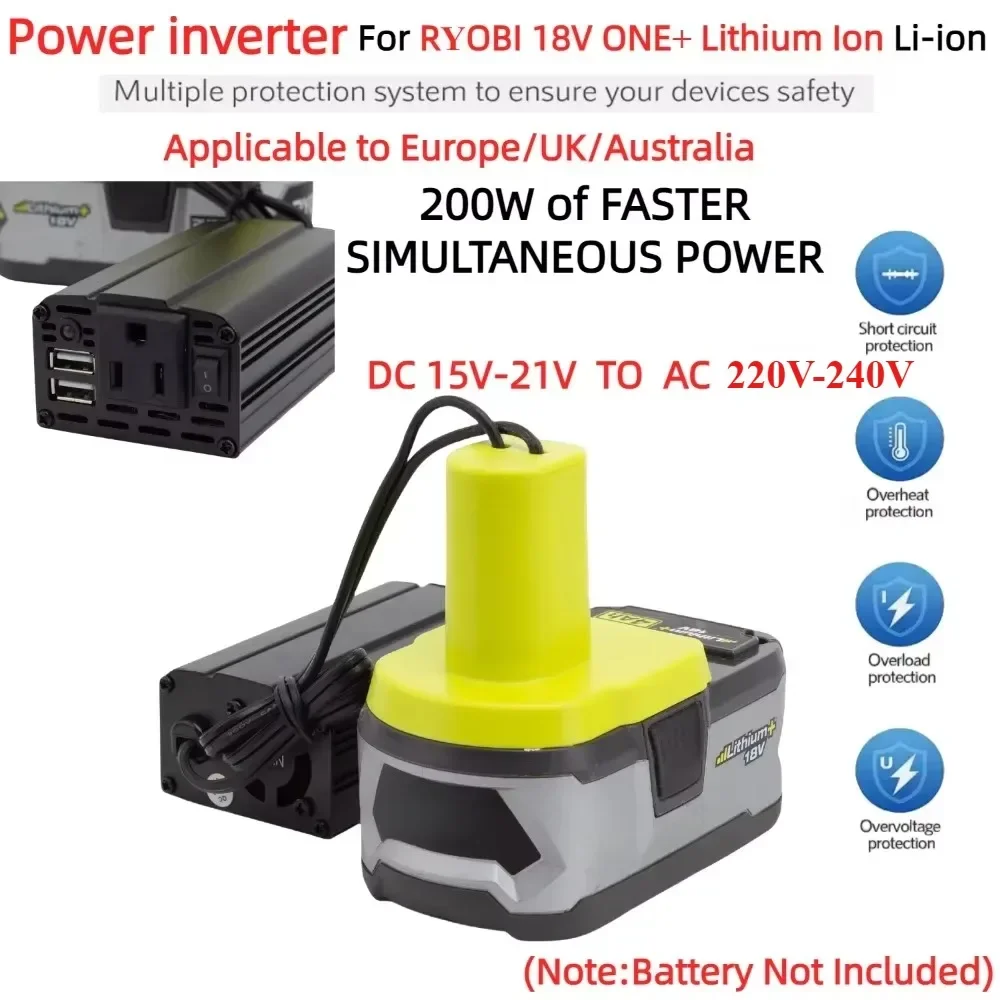 200W Portable Power Inverter For Ryobi 18V Batteries - USB & Type-C Output, LED Light, Green