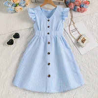Plaid Dress For Kids Girls Light Blue V-neck Wing-Sleeve Button-Trim Knee-Length Gingham Dress Adorable Kids Clothes Modest Gown