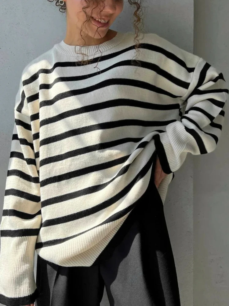 

Striped Oversized Sweater Women LOOSE Thickened Pullover Knit Fashion Autumn and Winter Side Slit Sweaters Women Winter 2023