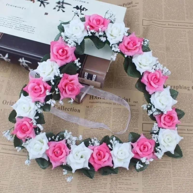1 Pcs Heart-Shaped Rose Door Wall Hanging Wreaths Wedding Festival Decoration Road Lead Rose Flower Wreath Festival Supplies