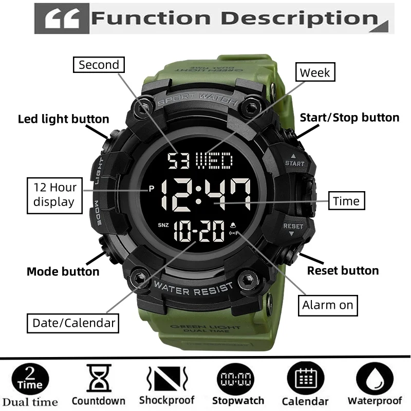 Skmei Men's Military Watches Fashion Big Dial Digital Wristwatch Luxury Outdoor Sports Dual Time Led Waterproof Alarm Clock 2