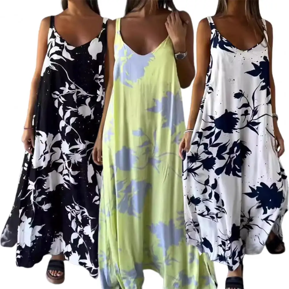 

Elegant Summer Women Sundress V Neck Sleeveless Backless Floral Print Loose Contrast Color Beach Long Maxi Dress