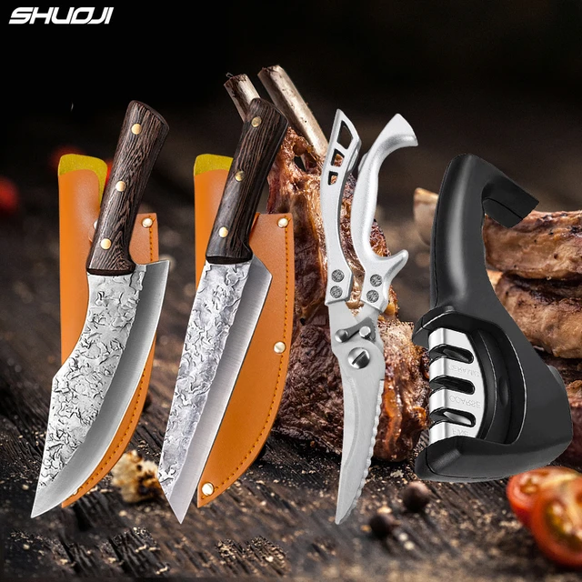 XYj 9pcs Camping Knife Set Full Tang Hammered Finger Hole Blade Ultra Sharp  Cooking Knives With Bag Honing Steel Scissors - AliExpress