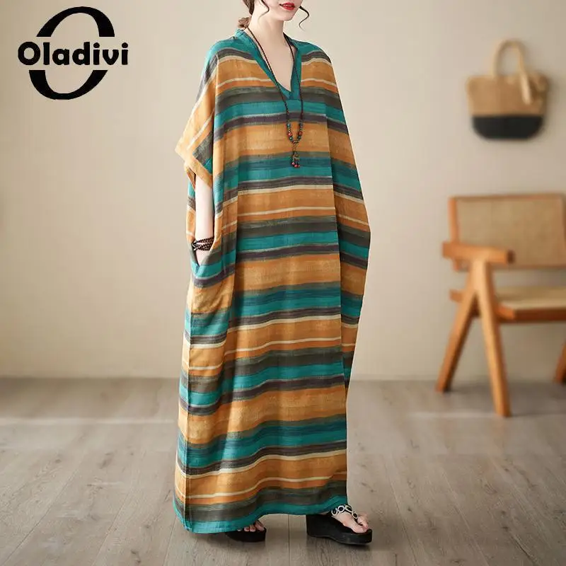 

Oladivi Fashion Striped Large Size Women Bohemian Beach Dress 2023 Summer New Boho Long Dresses Lady Oversized Clothing 9XL 5830