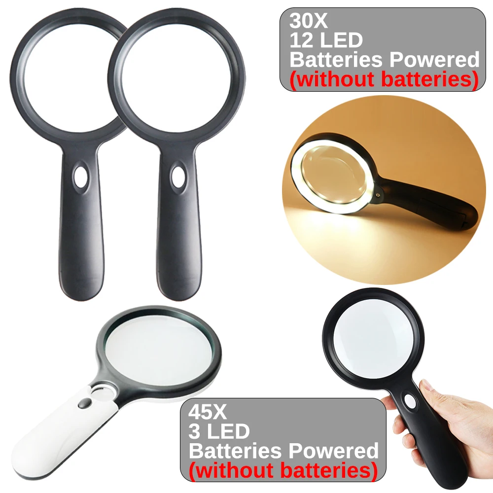 Hand held Reading Magnifying Glasses 30X with 12 LED Illuminated Light for Seniors Repair Coins