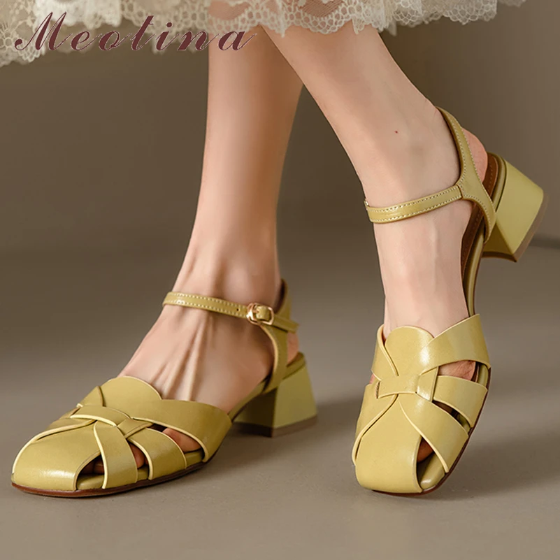 

Meotina Women Genuine Leather Square Toe Block Mid Heel Sandals Buckle Narrow Band Ladies Fashion Casual Shoes Summer Yellow