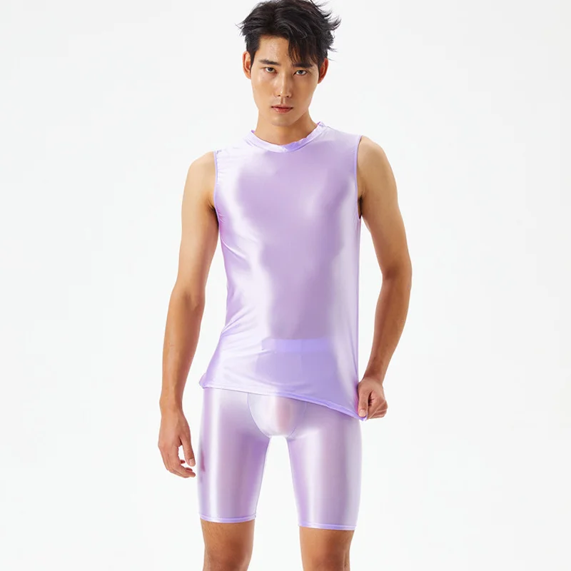 Summer Men's glossy plus size 2 pieces set Sexy silky transparent shorts +vest body-building underwear underpants
