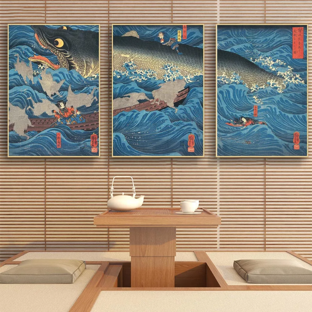 

Japanese style landscape silk painting wall art wave carp poster living room corridor home decoration mural