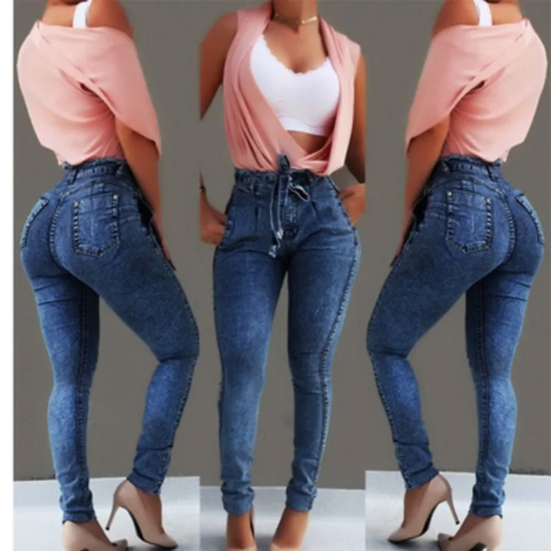 Women Jeans White Slim-fit Pants Slim Fit Elastic Tassel Belt High Waist Jeans