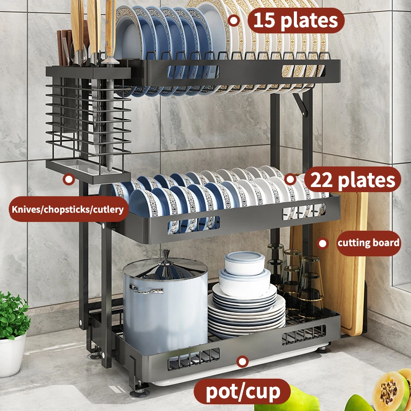 Kitchen Dish Rack Hanging Drying Organizer Storage Shelf 2/3 Tier Wall Mount  Bowl Holder with Drain Tray 304 Stainless Steel - AliExpress
