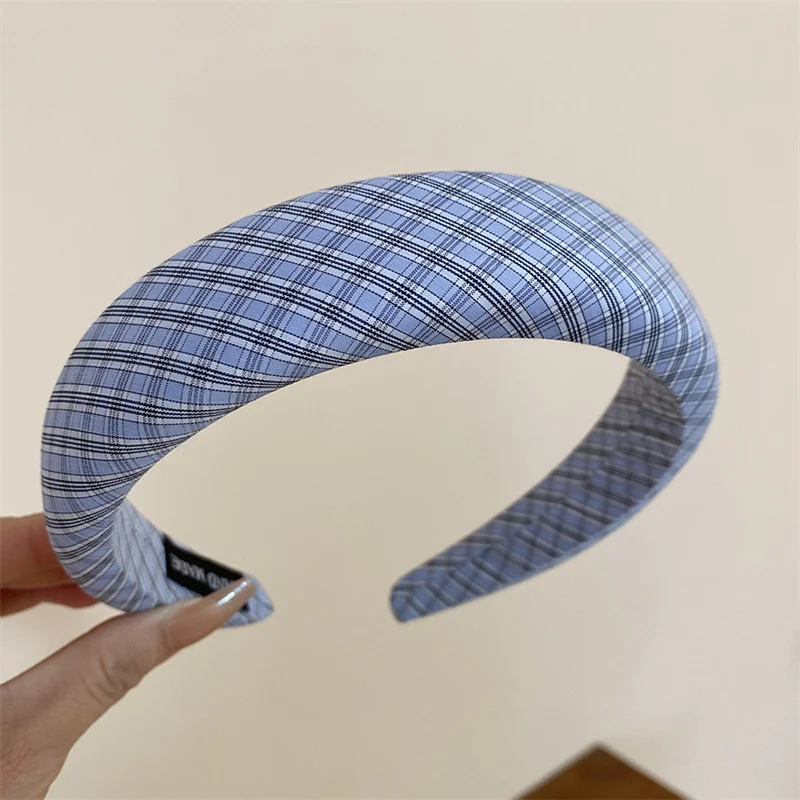 Bluish Stripe Plaid Print Headband with Sponge Padding and Sweet Blue Flower Bow Design