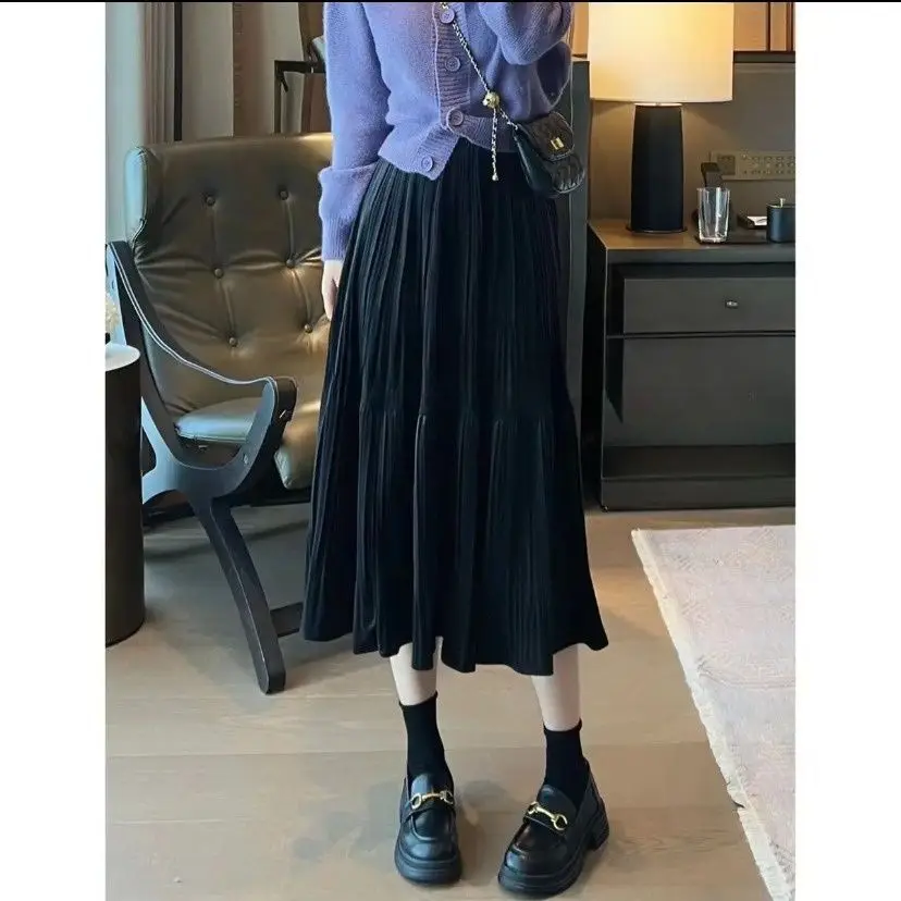 

Autumn and Winter Wear Velvet Pleated Skirt High Waist Vertical Splicing Large Swing Elastic Waist A Word Midi Skirt