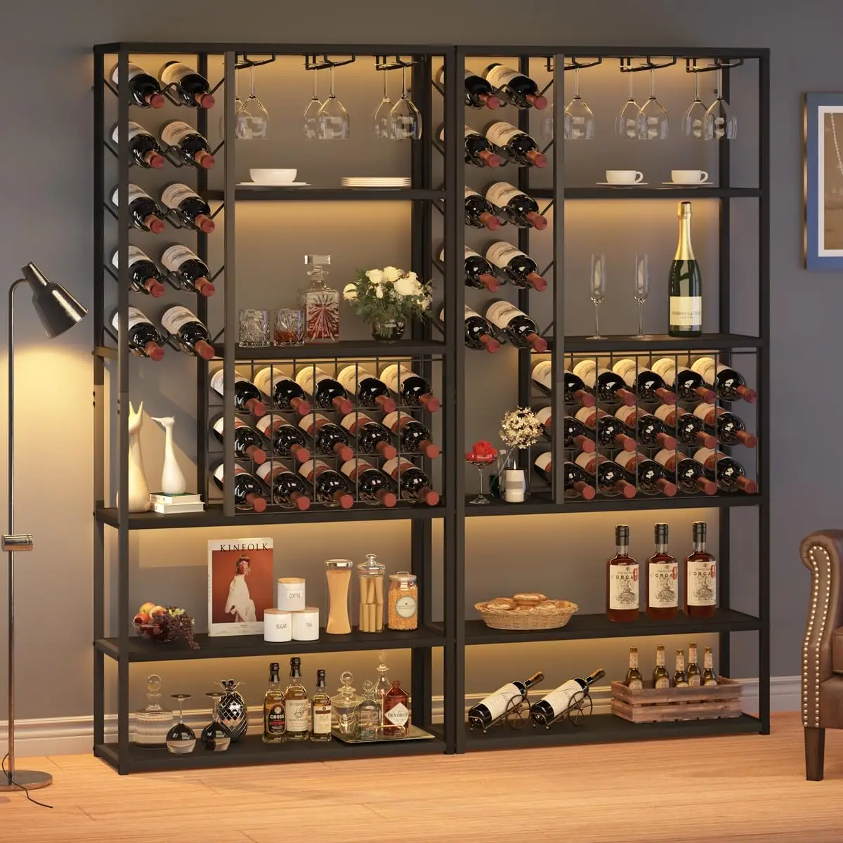 Tall Wine Bar Cabinet, 5 Tier Industrial Liquor Cabinet with Glass Holder and Wine Storage, Farmhouse Metal Coffee Bar Cabinet