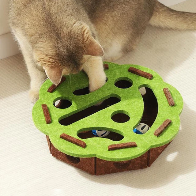 Cat Scratch Puzzle Box Toy for Indoor Cats Interactive Nail File Enrichment Maze with 3 Bell Balls Fun Hide & Seek Hunting Game