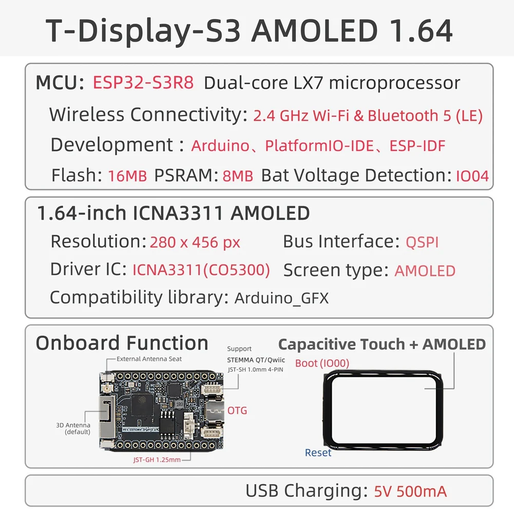 B68A T-Display-S3 ESP32-S3 AMOLED 1.64인치 ICNA3311 터치 디스플레이 화면 플래시-16MB PSRAM-8MB WIFI 블루투스 무선 모듈