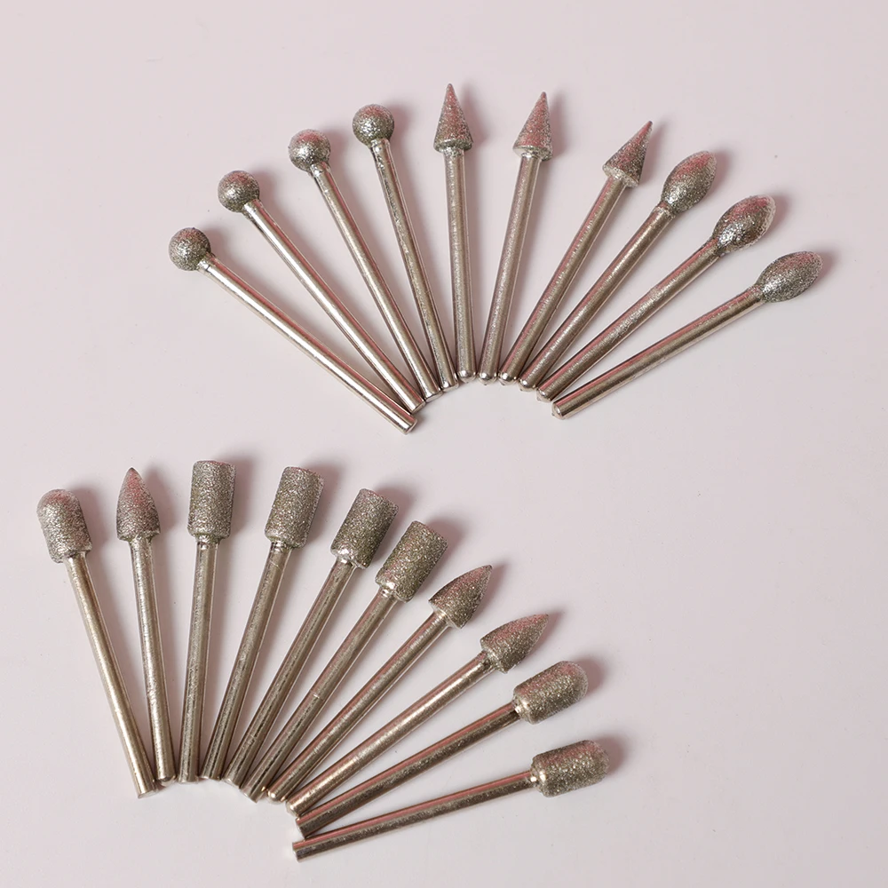 20Pcs 3mm Diamond Grinding Burr Needle Point Engraving Carving Sculpture Polishing Glass Stone Drill Bit Rotary Abrasive Tools