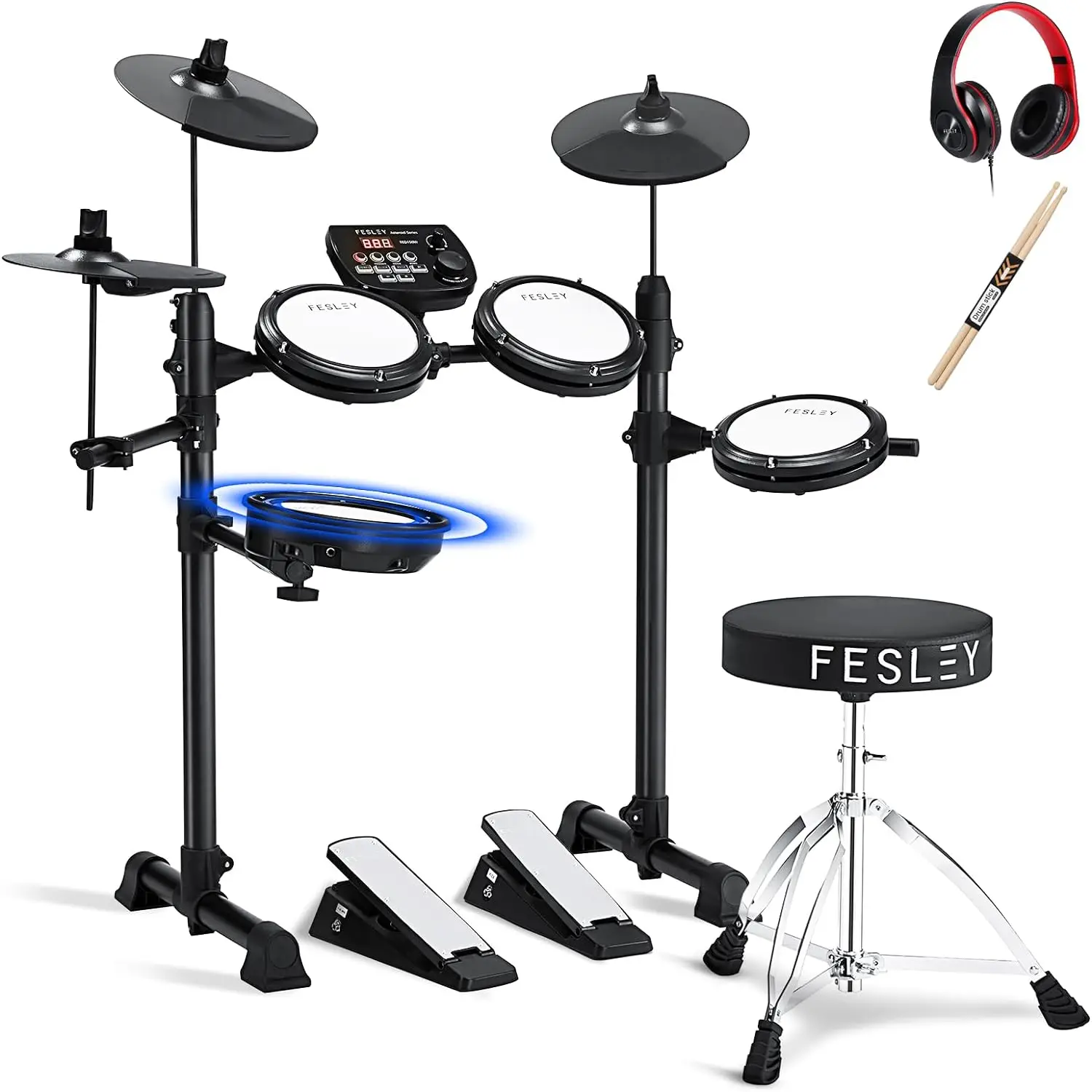 Fesley FED150W Electric Drum Set Electronic Drum Set with 4 Quiet Mesh Pads Dual Zone Snare Drum Portable Set
