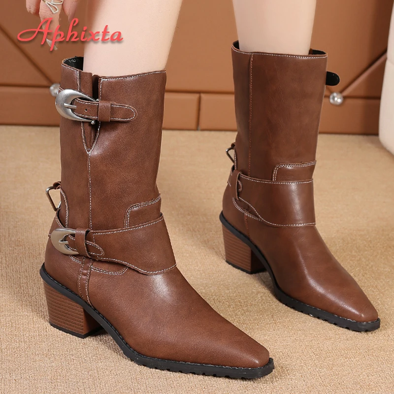 Aphixta Mid-Calf SquareToe Ankle Boots Women Winter Shoes Buckle Strap Square Heels Women Boots Brown Big Size 41-42