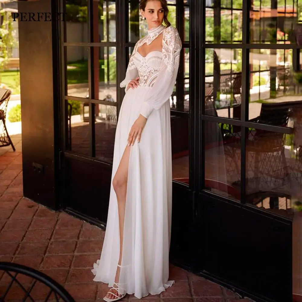 

PERFECT Bohemian Sweetheart Wedding Dresses Long Sleeves Side Split Backless Bridal Gowns Lace Appliqued Robe De Mariée A-Line