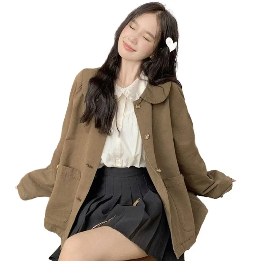 

Big Pockets Jacket Coat Vintage Women Jacket Chic Korean-inspired Doll Collar Coat with Big Pockets Loose-fit for Spring