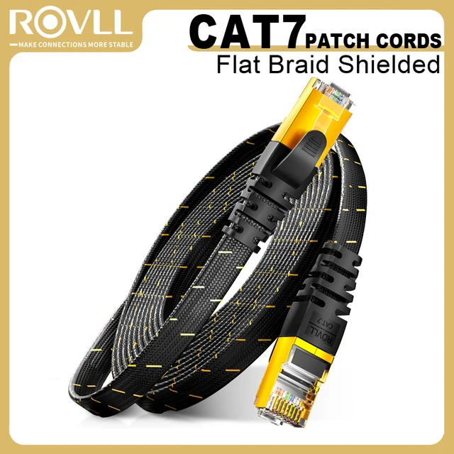 สายอีเธอร์เน็ต ROVLL CAT7 แบบแบน สายแลน STP แบบกลม หัวต่อ RJ45 สายเน็ตเวิร์ก Cat 7 สายอินเทอร์เน็ต 10Gbps สายแพทช์แบบถัก 1