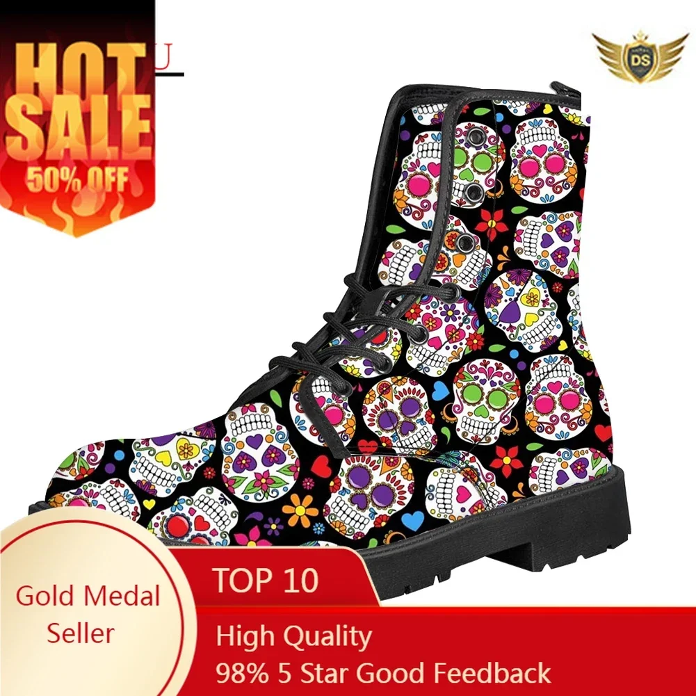 

Women Pu Leather Boots Ladies High Top Shoes Cool Sugar Skull Floral Print Low Heels Autumn Outdoor Female Mid-Calf Boots
