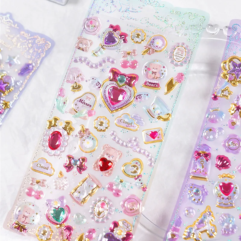 1pc/4pcs 무작위 카와이 섬세한 3D 소녀풍 보석 금박 스티커 스크랩북 Diy 저널 문구 스티커 데코 아트 용품