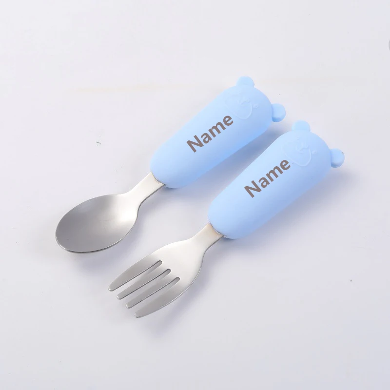 Baby Cutlery Set - Fork & Spoon Stainless Steel with Silicone Handles Free Name Engraving Children's Surprise Gift