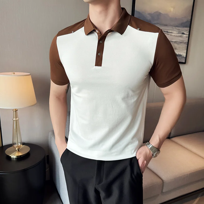 

Summer Polo T Shirts For Men Korea Stylish Patchwork Color Knitted Mens Casual Polos T-Shirt Slim Fit Turn Down Collar Tops 2024