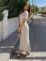 Ladies Knitted Short Sleeve Pleated Long Dress Fashion Spring Summer Women Dress Hip Package O Neck Female Vestidos - Image 2
