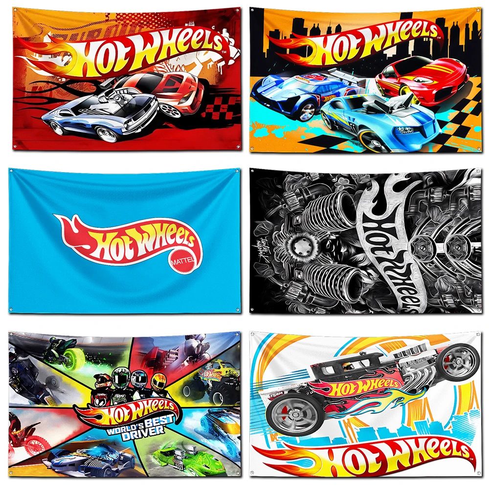 Hot Wheels Flag Polyester Digital Printing Banner 4 Sizes for Garage Wall Art Out Door Decoration With Brass Grommets